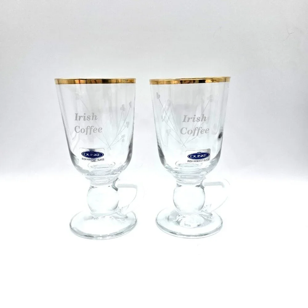 DUISKE Irish Handcut Etched Irish Coffee Gold Rim Footed Cups Glasses NOS Set 2